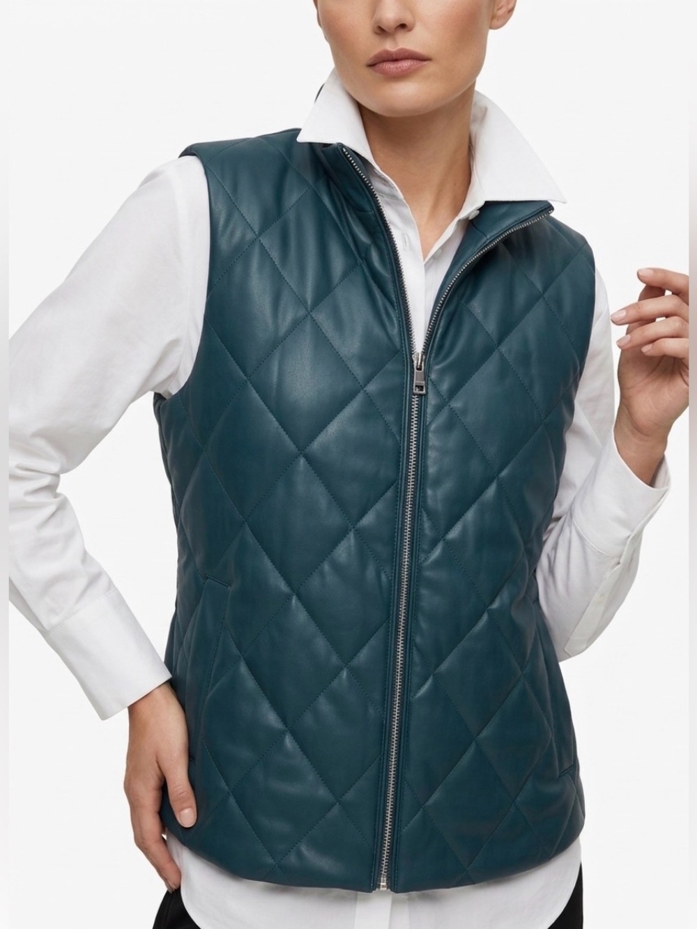 Chico’s Quilted Faux Leather Vest Dark Teal Luxe Layering Piece 12 - Picture 7 of 7